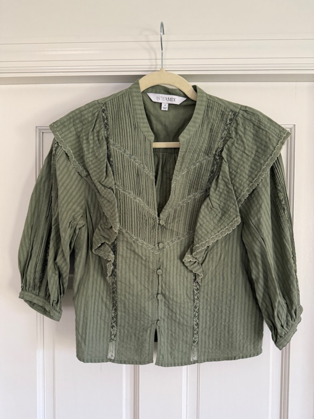 INTERMIX Olive Green Ruffle-Trim Button Front Blouse